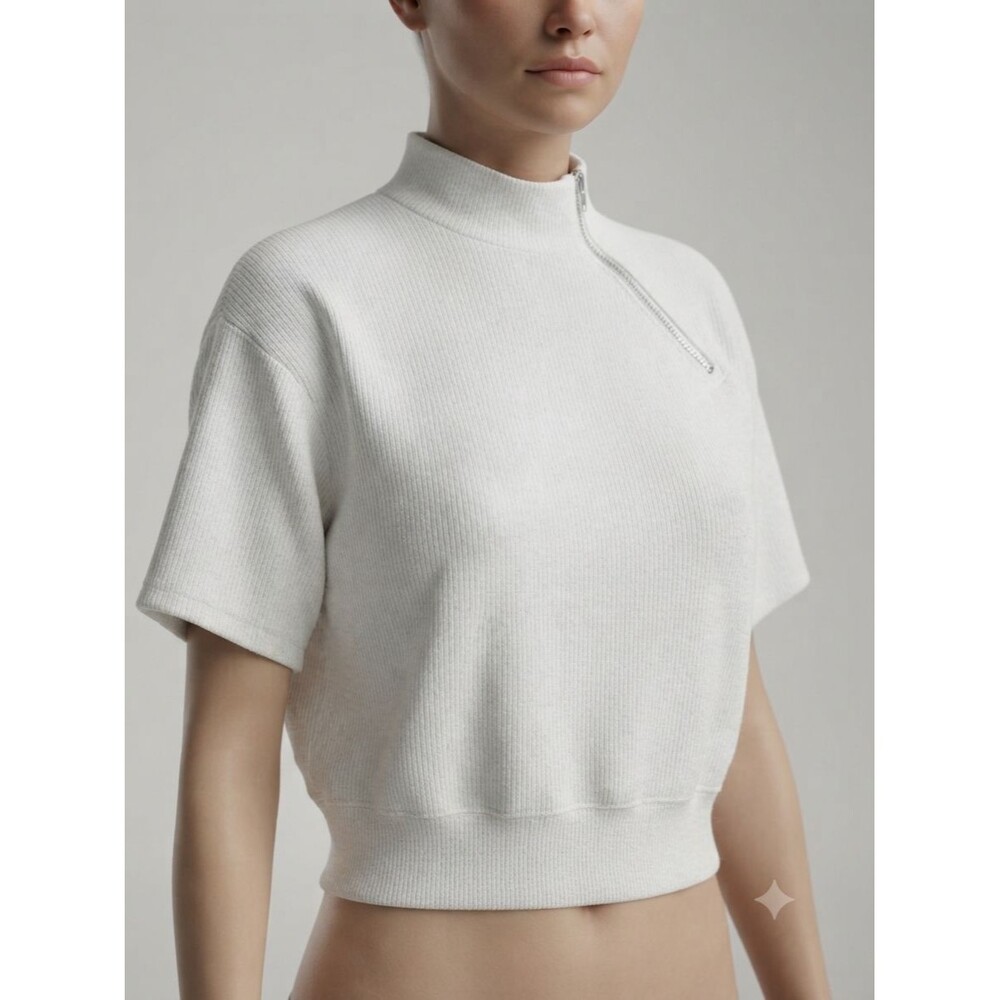NWOT THE SET Women's White Cropped Sweatshirt Size L, Short Sleeve, Zip Neck